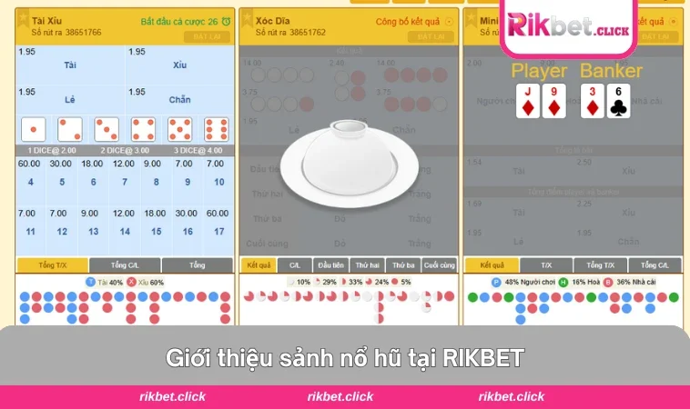 Nổ Hũ RIKBET 1 Giao diện chính sảnh game với hệ thống jackpot rực lửa.