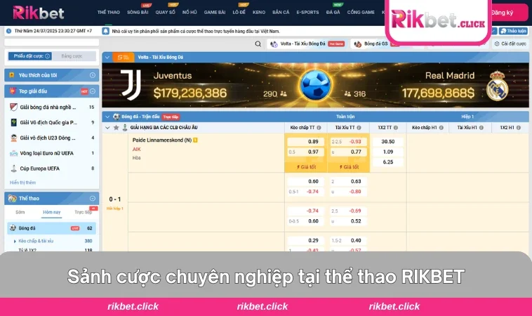 Giao diện sảnh cược thể thao trực tiếp ở RIKBET